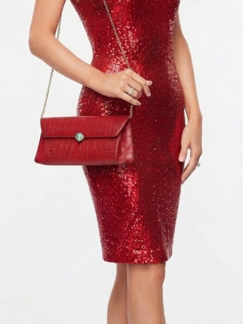Suasti by Sunam Red Crocodile Embossed Envelope Crossbody Bag Chain Strap